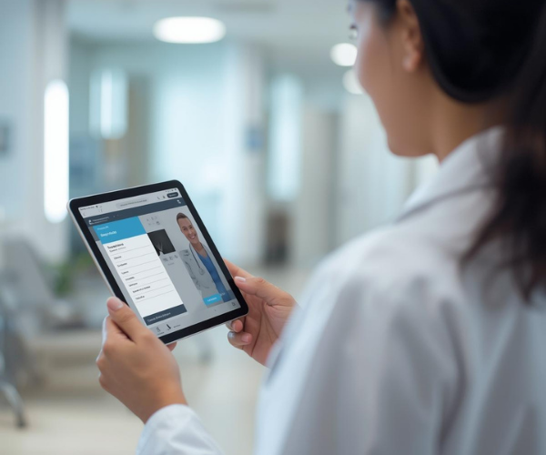 Healthcare professional with modern medical website interface